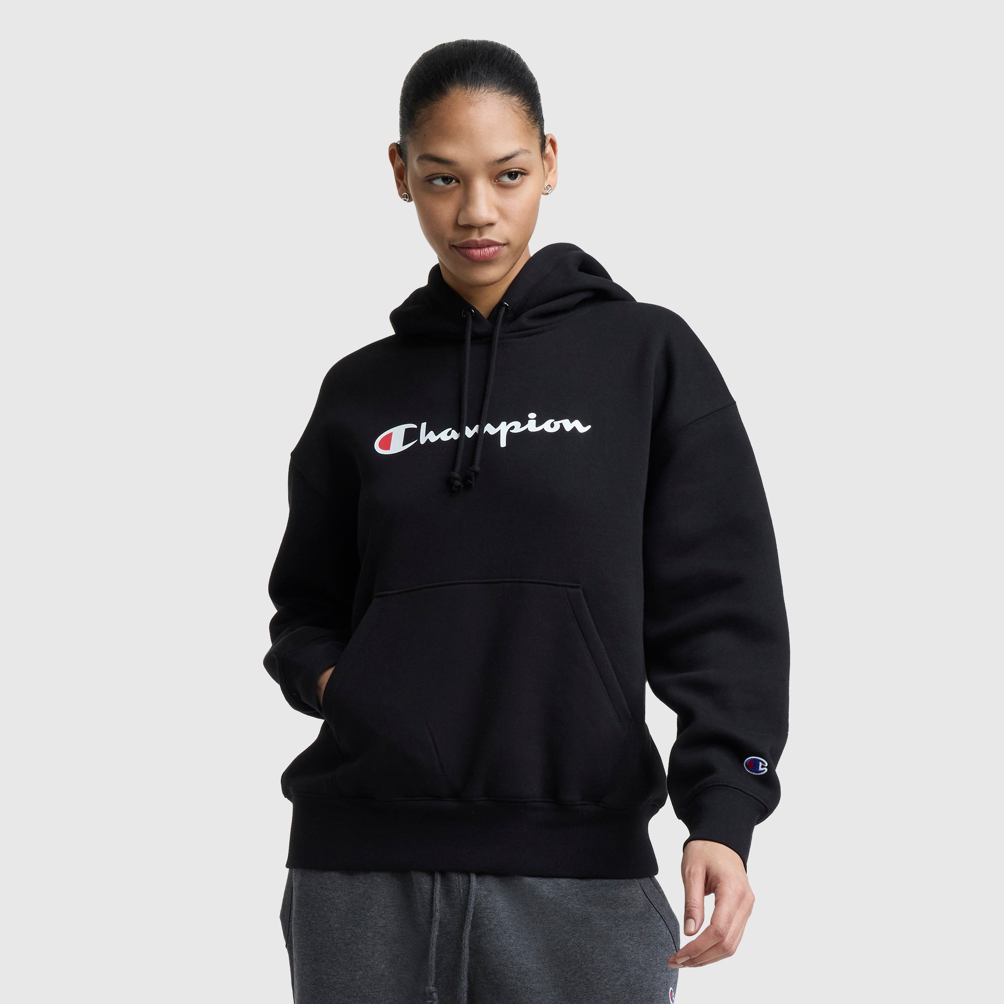 Champion Women's Powerblend Relaxed Hoodie. Script Logo